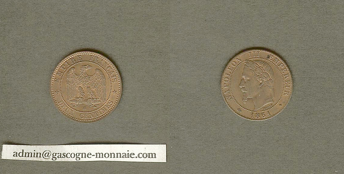 Deux centimes Napoléon III, tête laurée 1861BB Strasbourg SUP+ à